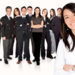 business team work - business girl leading over white